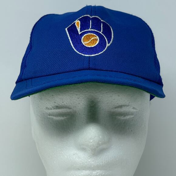 Vintage 80s Milwaukee Brewers Youth Trucker Hat Baseball Cap MLB Snapback Blue - Picture 2 of 13